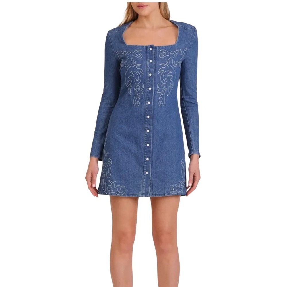 Avec Les Filles Blue Denim Western Embroidered Mini Dress Square Neck Size 6